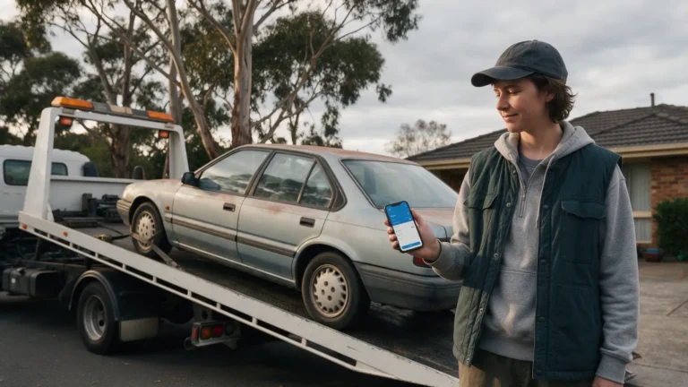 Seller checking a bank transfer on their phone as a wrecker's tow truck loads an old car in a Melbourne driveway