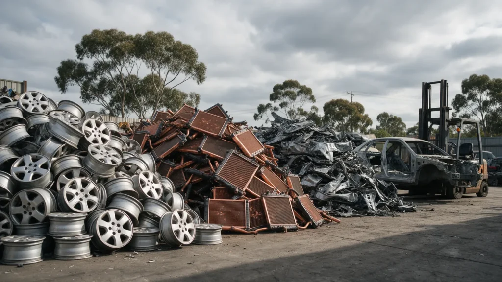 Sorted piles of alloy wheels, radiators and car body steel at a Melbourne scrap metal yard