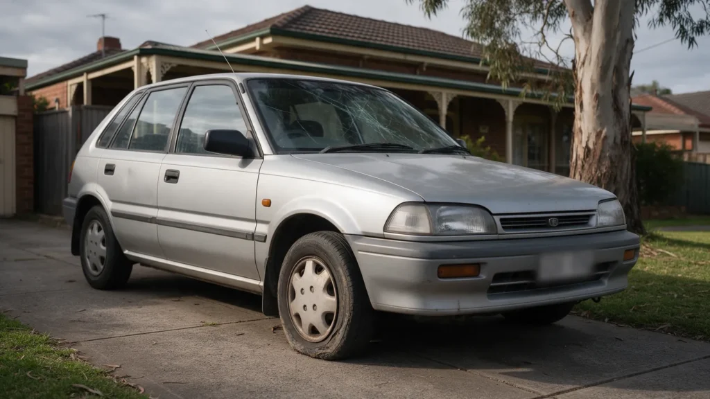 Older hatchback with a cracked windscreen and worn tyre parked on a Melbourne driveway, the kind of car sold without a roadworthy
