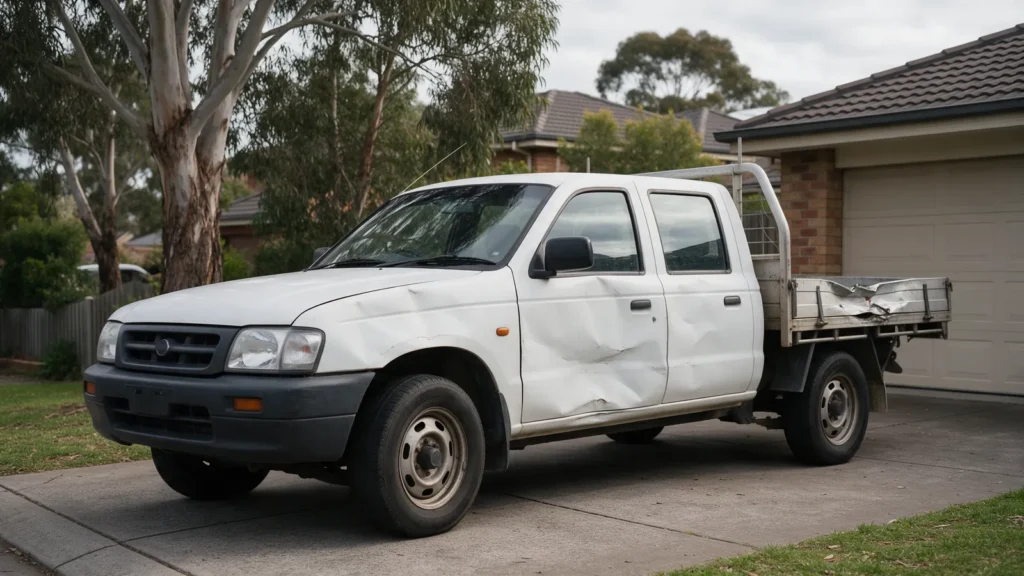Damaged white dual-cab ute parked in a Melbourne driveway awaiting wrecker collection