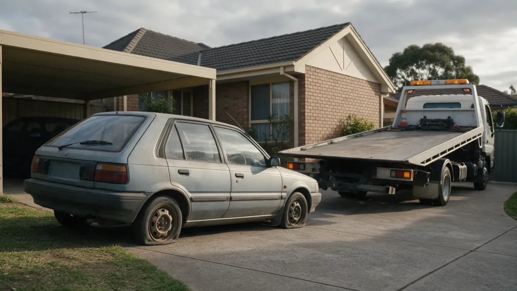 Unregistered hatchback in a Dandenong driveway waiting to be collected by a tilt-tray tow truck