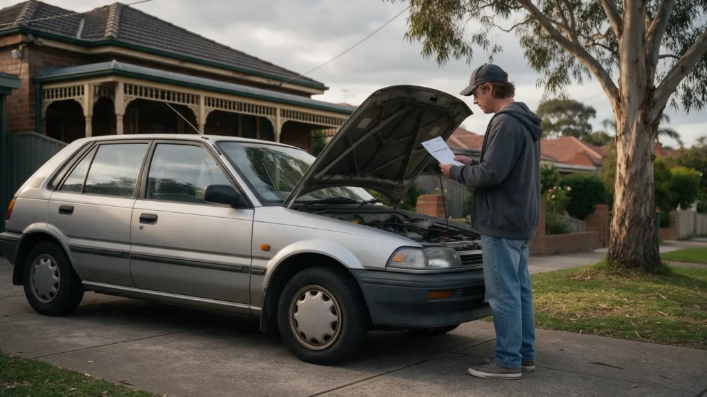 Driver reading a repair quote beside an older car with its bonnet open in a Melbourne driveway