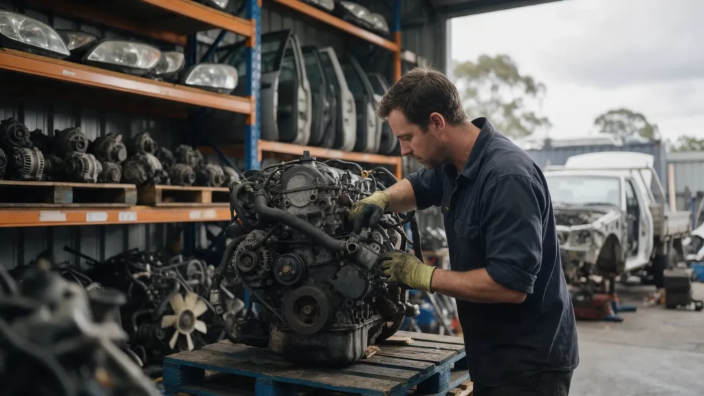 Mechanic inspecting a used engine and recycled car parts at a Dandenong wrecking yard