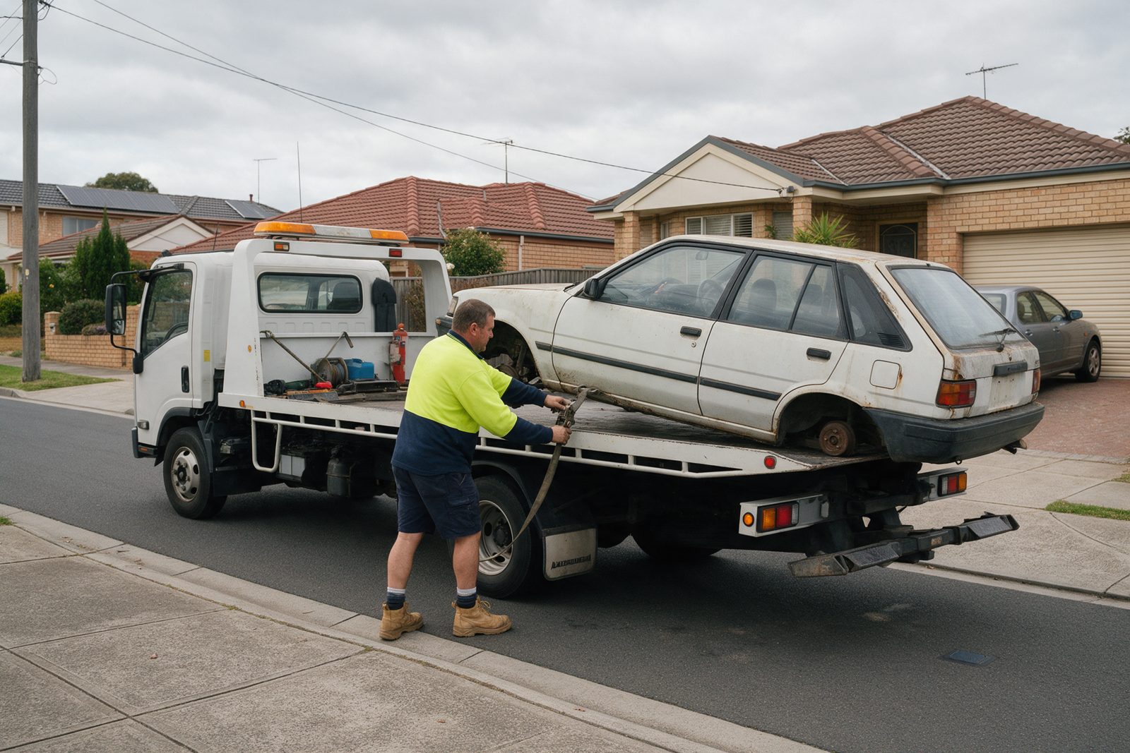 Wreckers Dandenong tow truck collecting an unwanted car in Dandenong